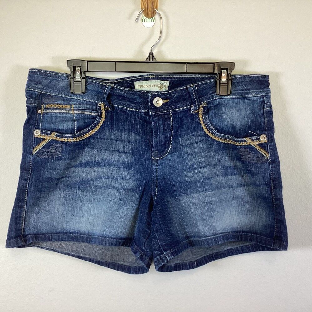 Y2K Paris Blues Shorts Junior Size 15 Cut Off Jean Stretch Blue Embroidered